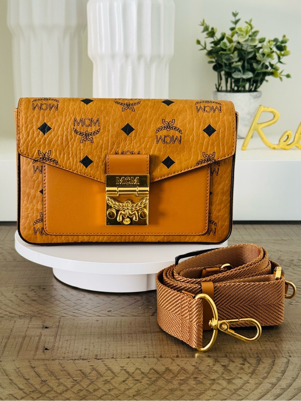 MCM Millie Visetos Crossbody Bag Cognac Gold Hardware NWT